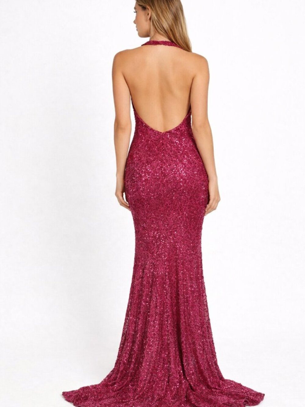 Adrianna Papell Hot Pink Sequin Halter Mermaid Dress – Formal/Cocktail - Picture 4 of 13